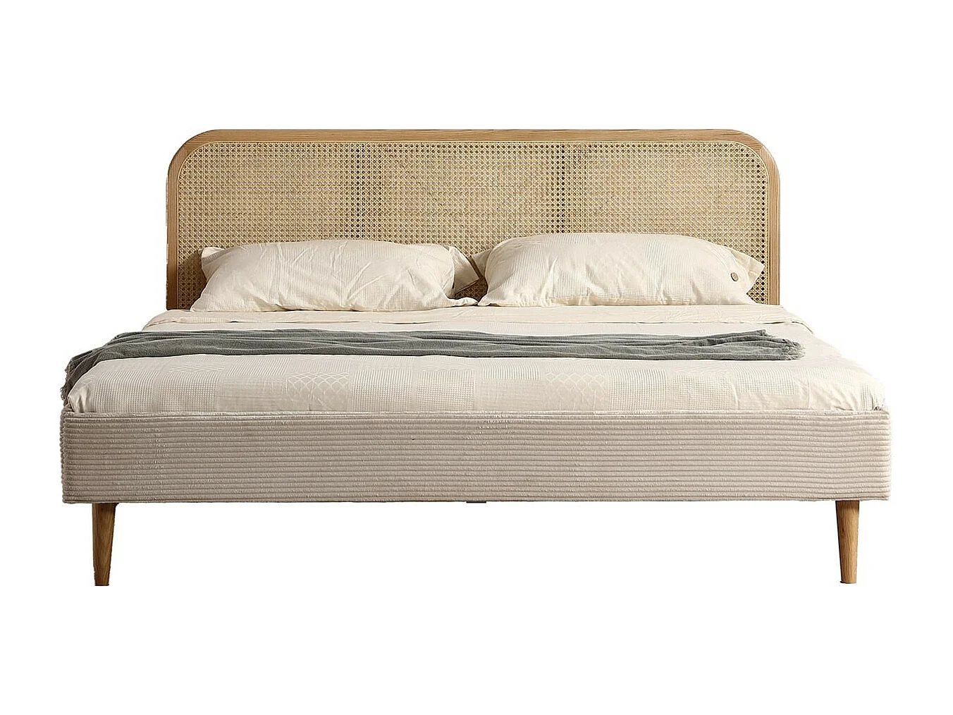 Lit adulte 140x190 cm en velours côtelé beige avec tête de lit en cannage - Dalia