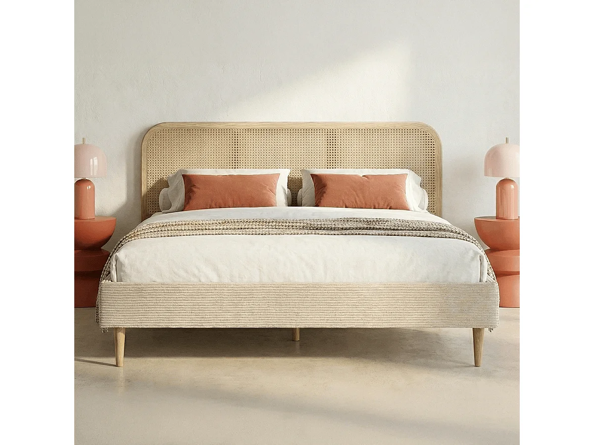 Lit adulte 140x190 cm en velours côtelé beige avec tête de lit en cannage - Dalia