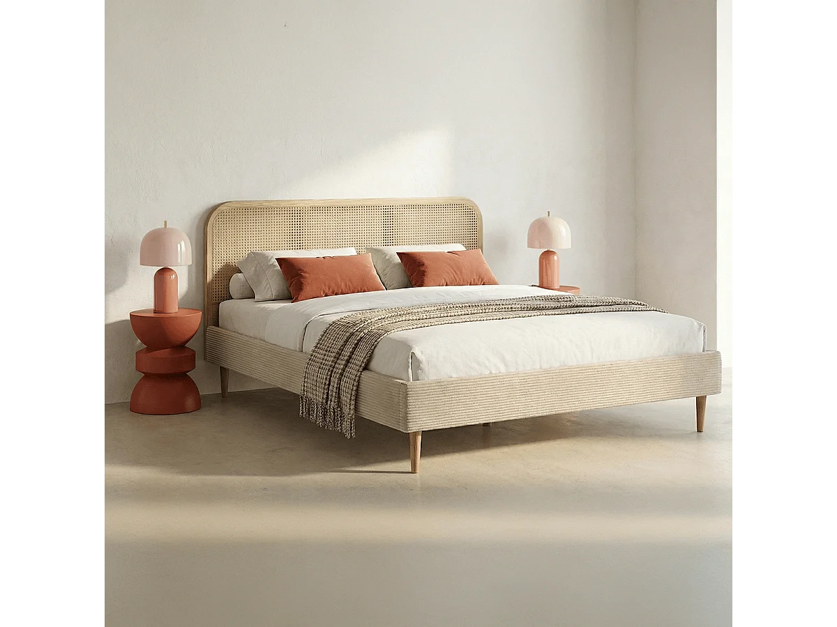 Lit adulte 140x190 cm en velours côtelé beige avec tête de lit en cannage - Dalia