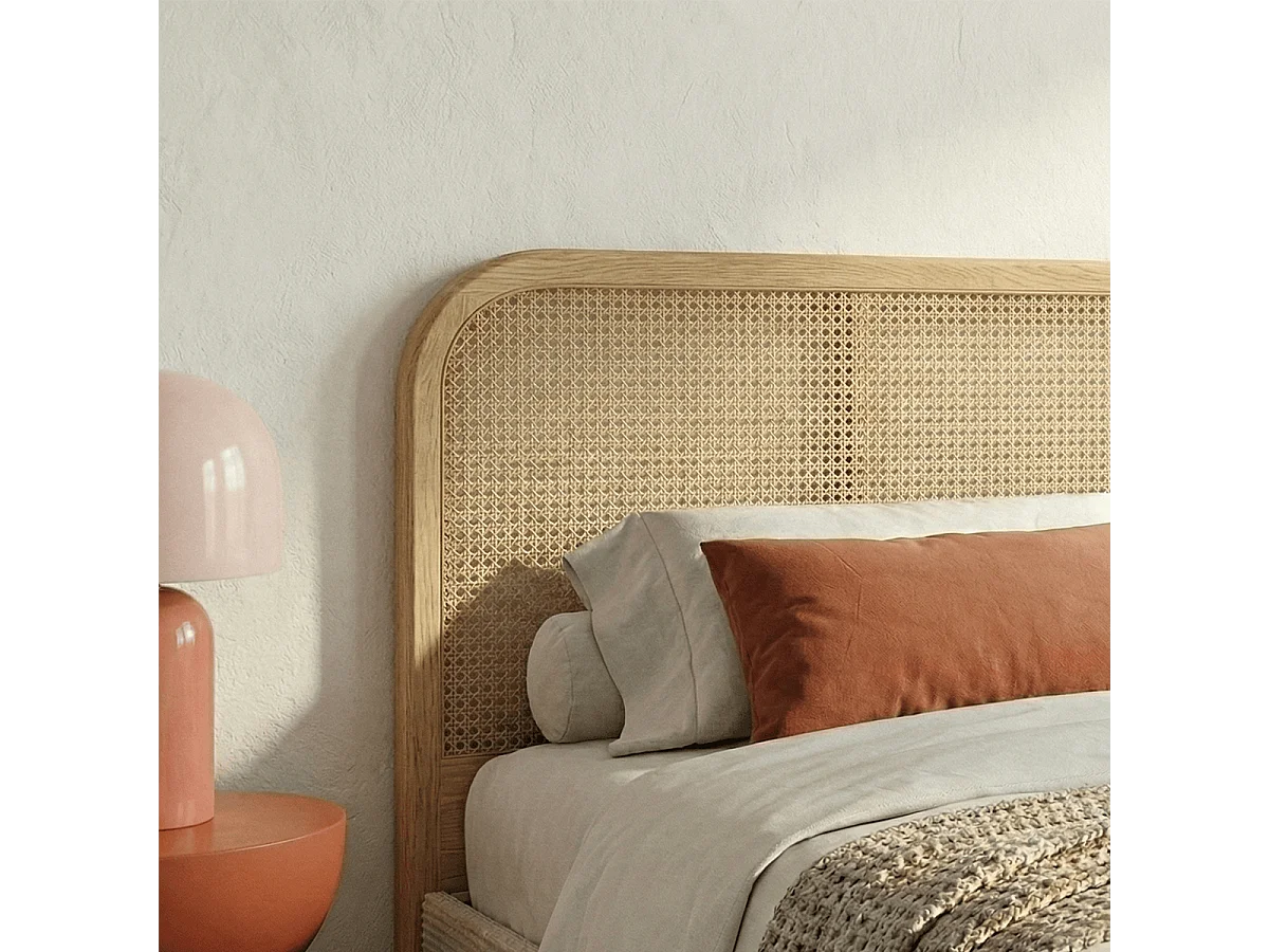 Lit adulte 140x190 cm en velours côtelé beige avec tête de lit en cannage - Dalia