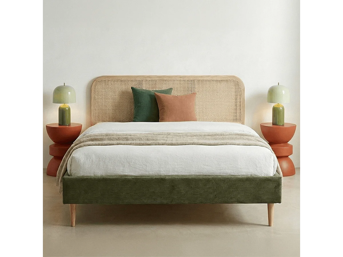 Lit adulte 180x200 cm en velours côtelé vert kaki avec tête de lit en cannage - Dalia