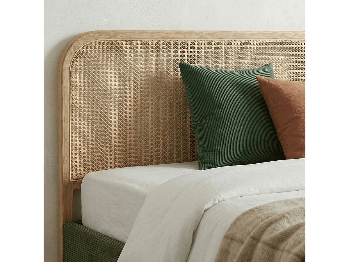 Lit adulte 180x200 cm en velours côtelé vert kaki avec tête de lit en cannage - Dalia