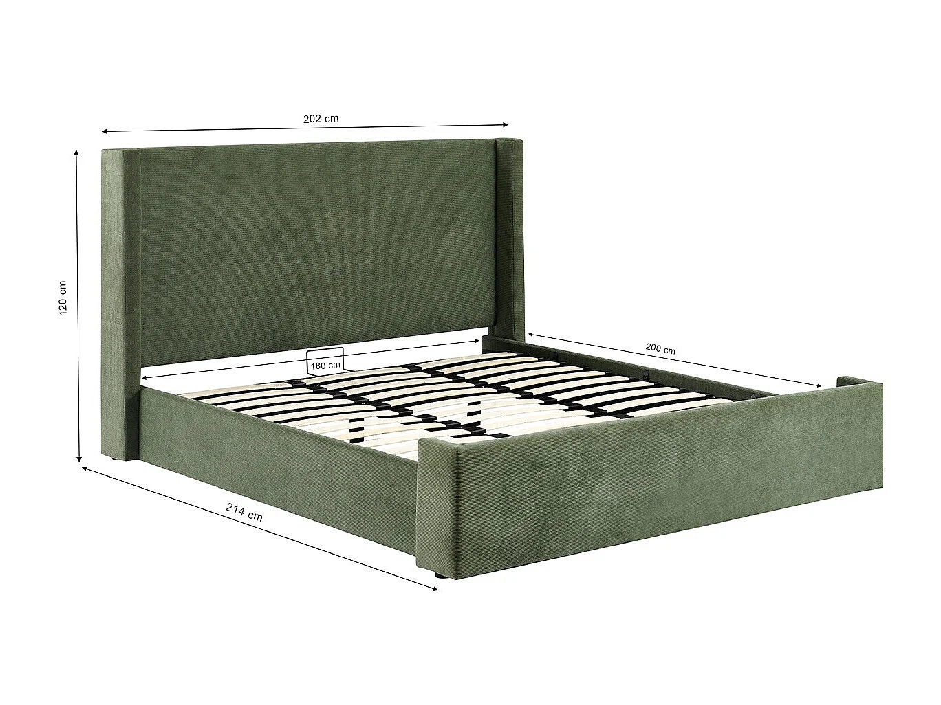 Lit adulte 180x200 cm avec tête de lit matelassée en velours côtelé vert kaki - Frida