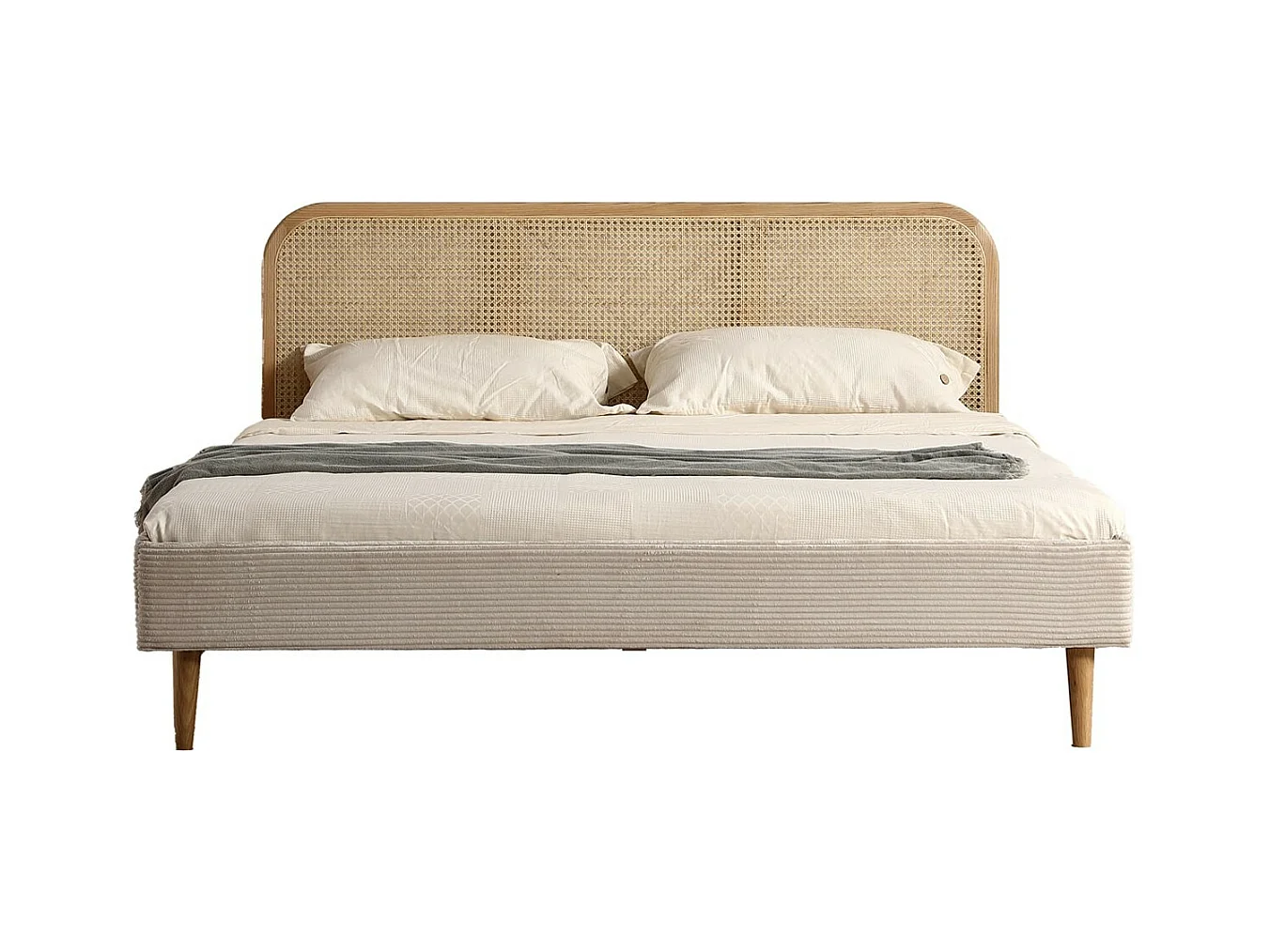 Lit adulte 160x200 cm en velours côtelé beige avec tête de lit en cannage - Dalia