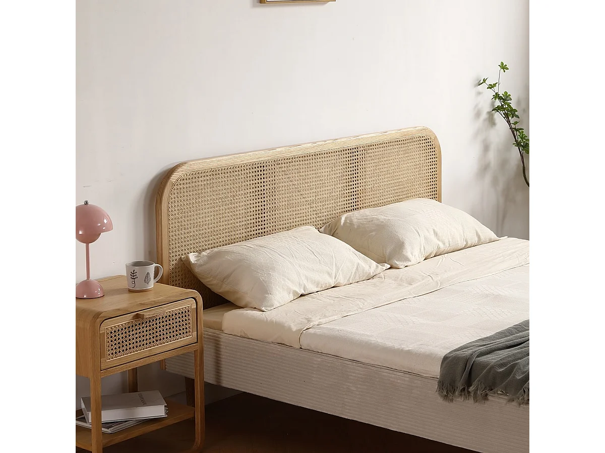 Lit adulte 160x200 cm en velours côtelé beige avec tête de lit en cannage - Dalia