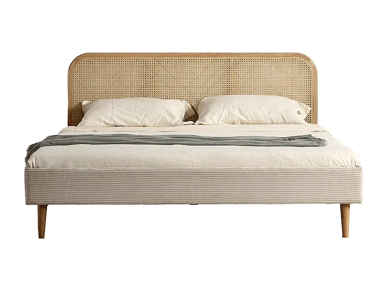 Lit adulte 160x200 cm en velours côtelé beige avec tête de lit en cannage - Dalia