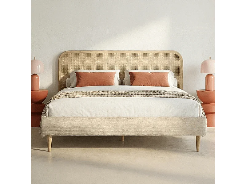 Lit adulte 160x200 cm en velours côtelé beige avec tête de lit en cannage - Dalia