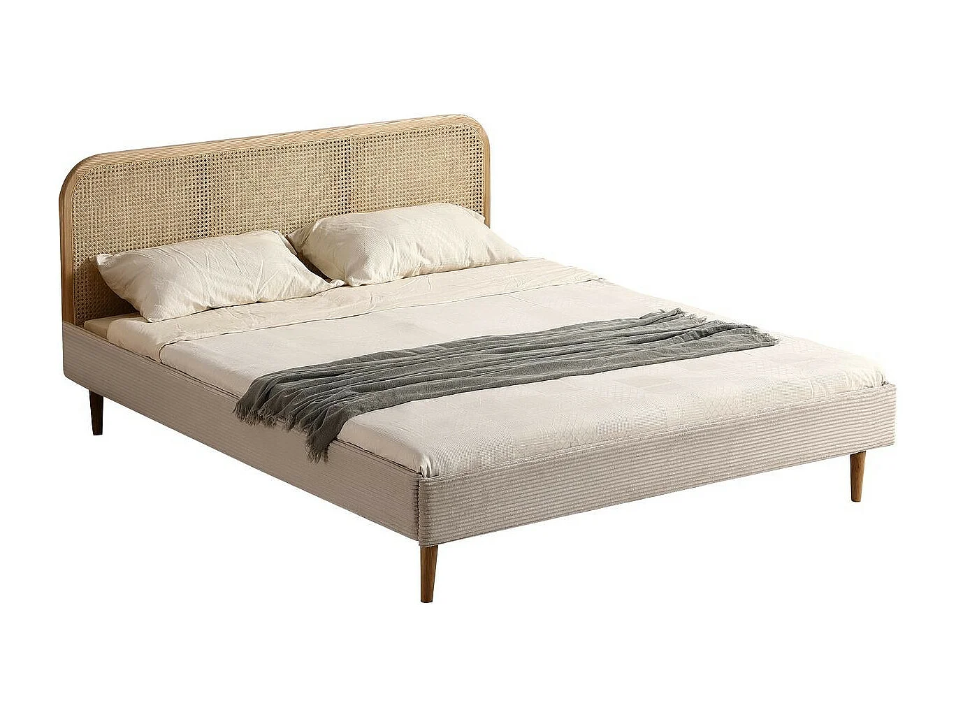 Lit adulte 180x200 cm en velours côtelé beige avec tête de lit en cannage - Dalia