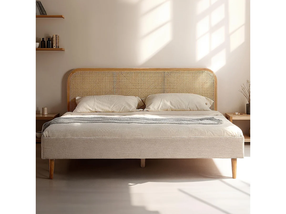 Lit adulte 180x200 cm en velours côtelé beige avec tête de lit en cannage - Dalia