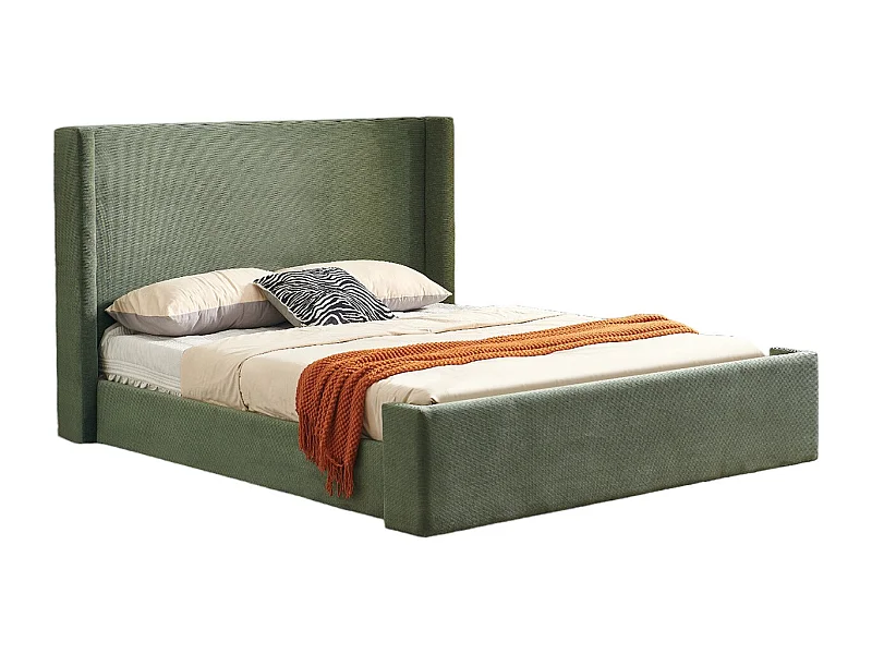 Lit adulte 140x190 cm avec tête de lit matelassée en velours côtelé vert kaki - Frida