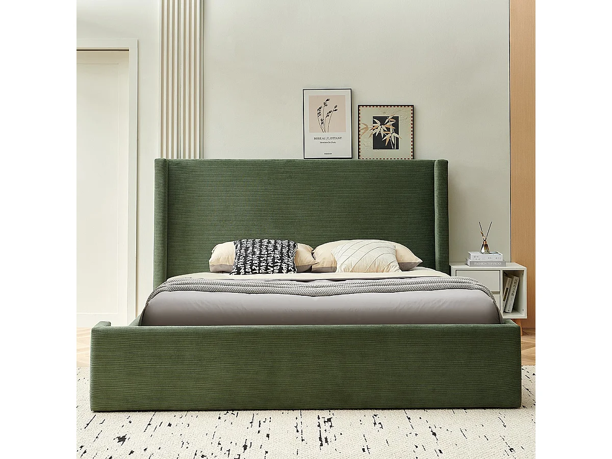 Lit adulte 140x190 cm avec tête de lit matelassée en velours côtelé vert kaki - Frida