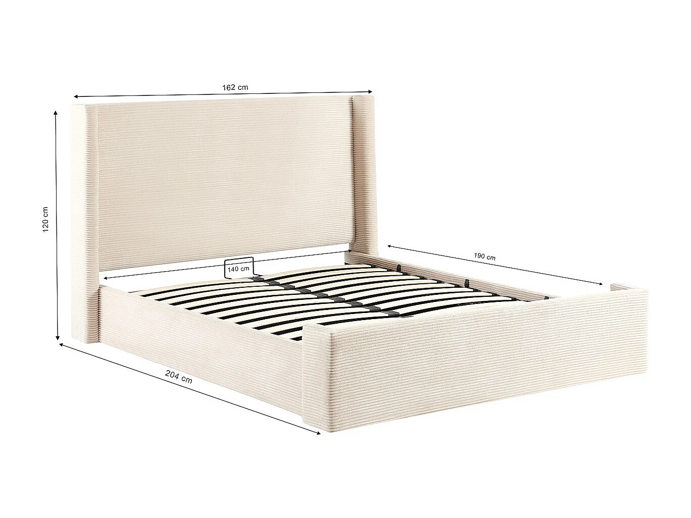 Lit adulte 140x190 cm avec tête de lit matelassée en velours côtelé beige - Frida