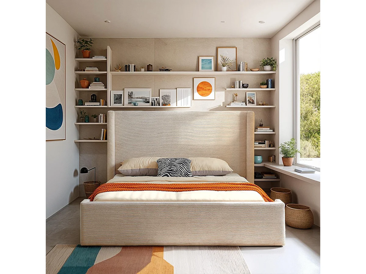 Lit adulte 140x190 cm avec tête de lit matelassée en velours côtelé beige - Frida