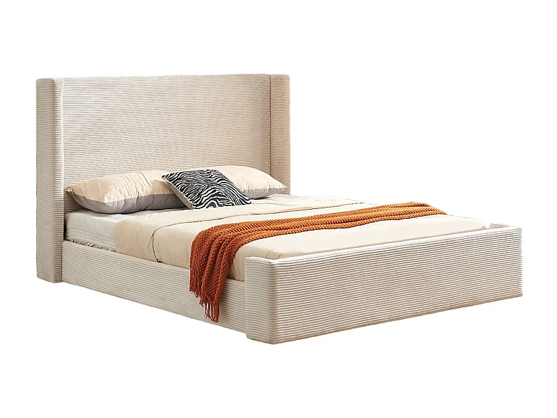 Lit adulte 140x190 cm avec tête de lit matelassée en velours côtelé beige - Frida