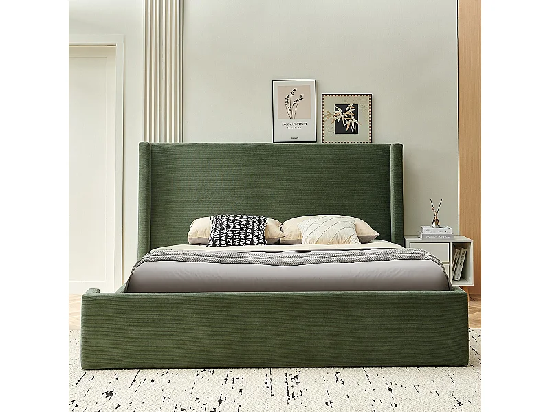 Lit adulte 160x200 cm avec tête de lit matelassée en velours côtelé vert kaki - Frida