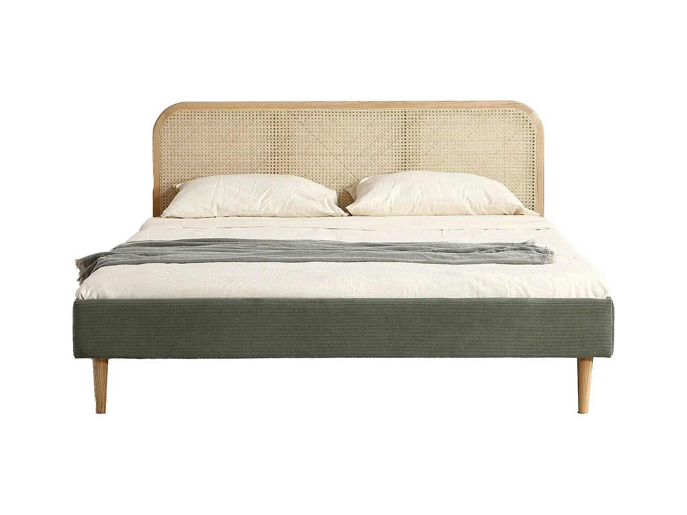Lit adulte 160x200 cm en velours côtelé vert kaki avec tête de lit en cannage - Dalia