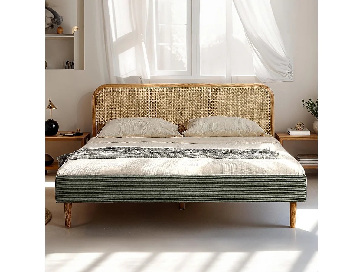 Lit adulte 160x200 cm en velours côtelé vert kaki avec tête de lit en cannage - Dalia