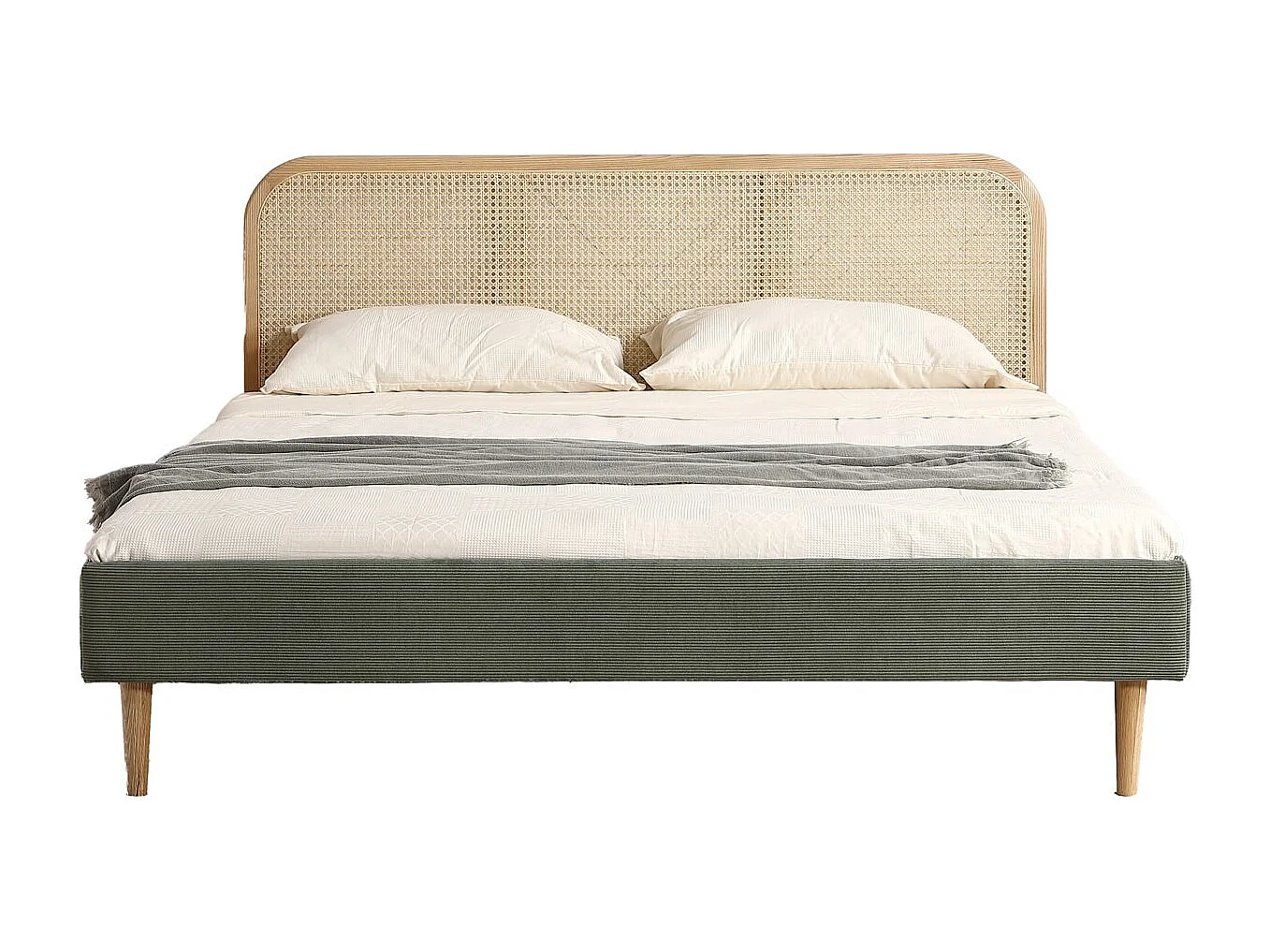 Lit adulte 160x200 cm en velours côtelé vert kaki avec tête de lit en cannage - Dalia