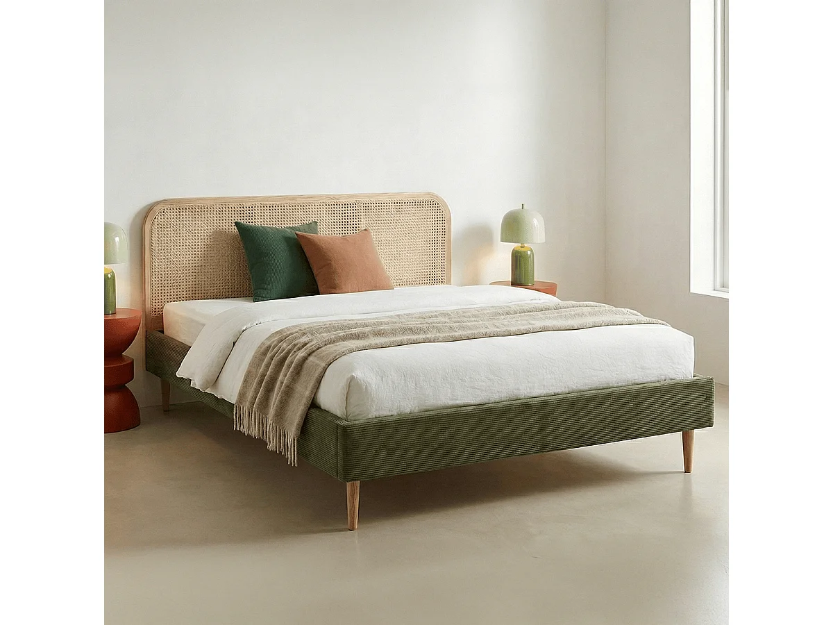 Lit adulte 160x200 cm en velours côtelé vert kaki avec tête de lit en cannage - Dalia