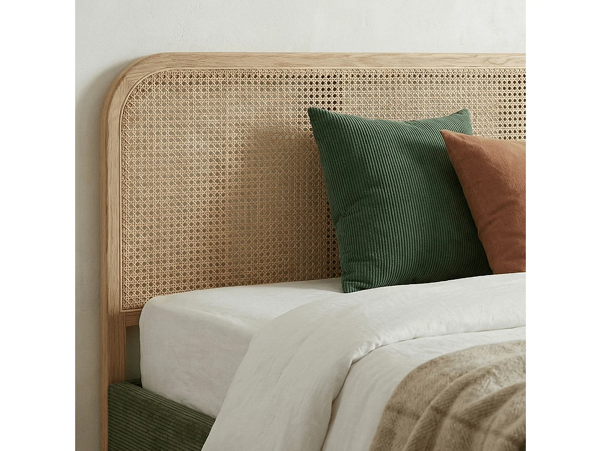 Lit adulte 160x200 cm en velours côtelé vert kaki avec tête de lit en cannage - Dalia