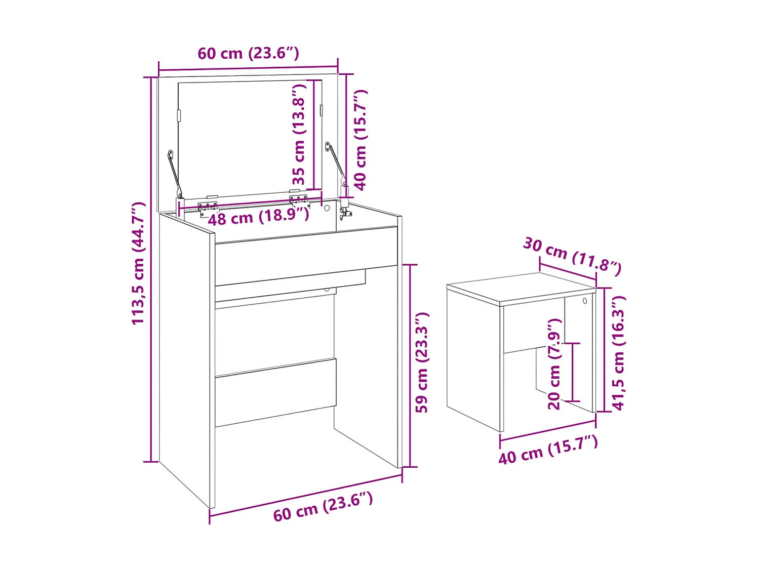 Kaptafel met krukje 60x40x113,5 cm wit