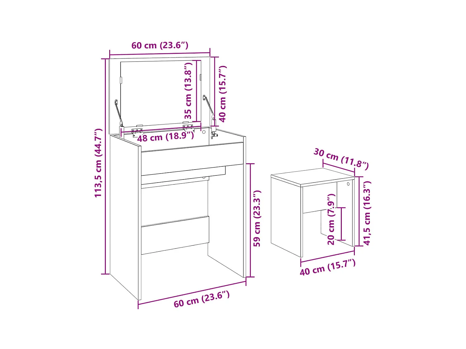 Tocador con taburete marrón roble 60x40x113,5 cm