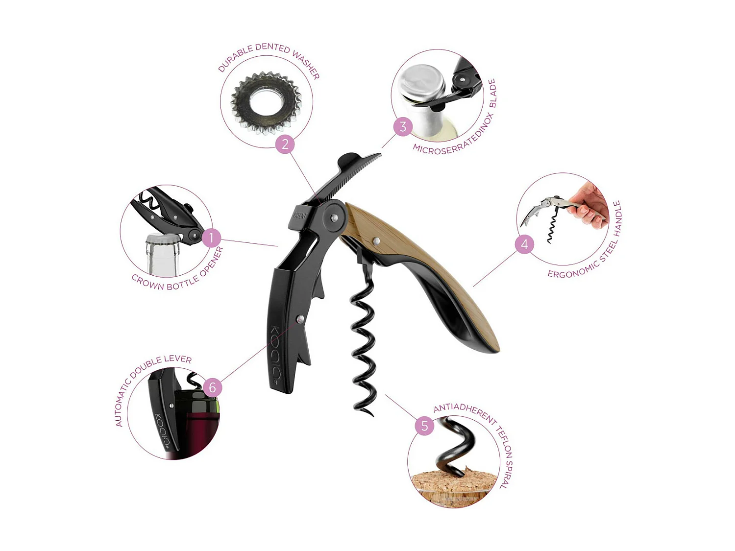 Dubbele hefboom high tech kurkentrekker van hout uit de Pop-collectie van Koala