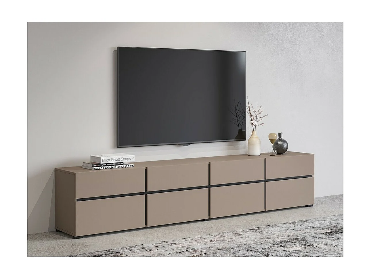 Meuble TV XL coloris beige et noir 225cm collection HAVANA. Meuble design avec 4 portes et 4 tiroirs.
