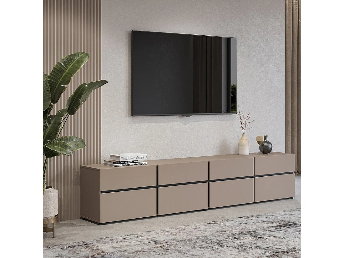 Meuble TV XL coloris beige et noir 225cm collection HAVANA. Meuble design avec 4 portes et 4 tiroirs.
