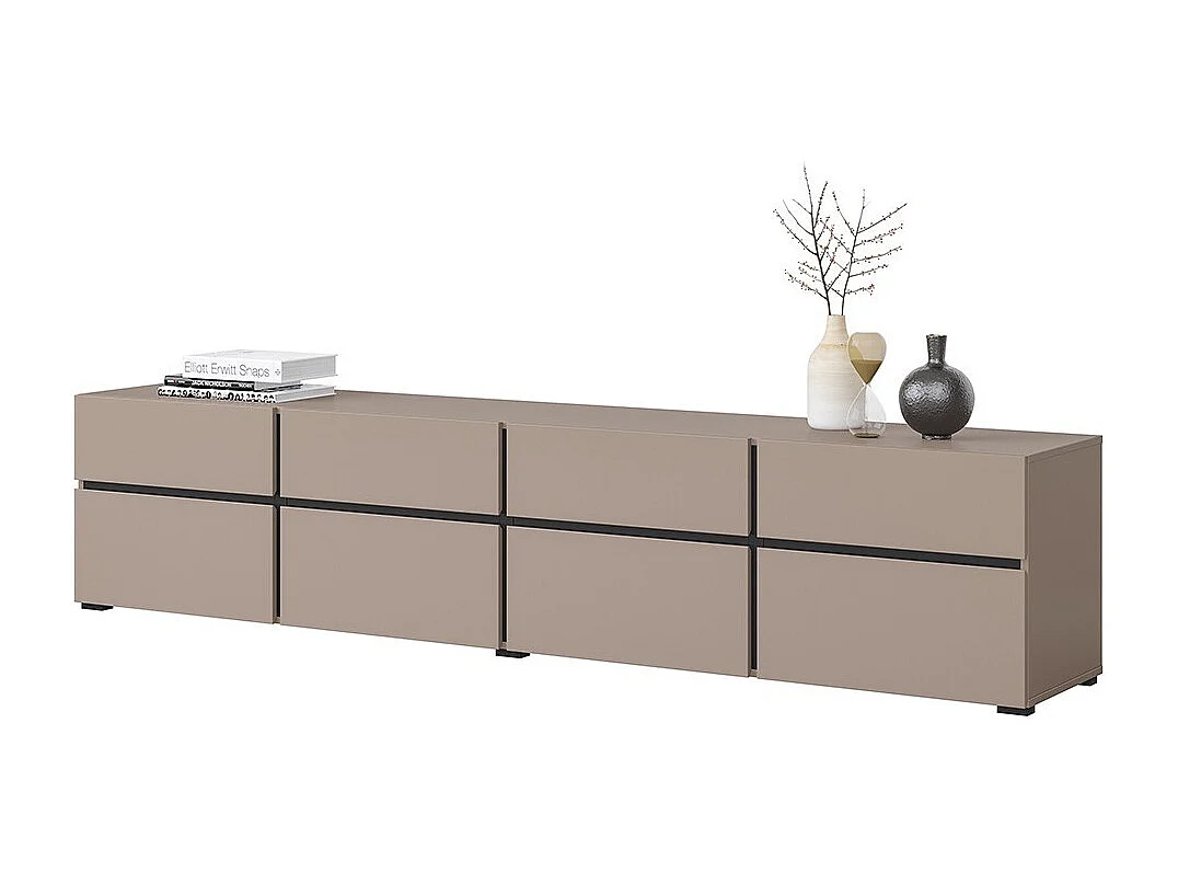 Meuble TV XL coloris beige et noir 225cm collection HAVANA. Meuble design avec 4 portes et 4 tiroirs.