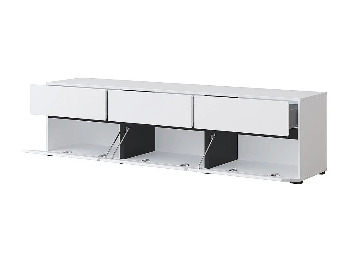 Meuble TV 180cm coloris blanc et noir collection HAVANA. Meuble design avec 3 portes et 3 tiroirs.