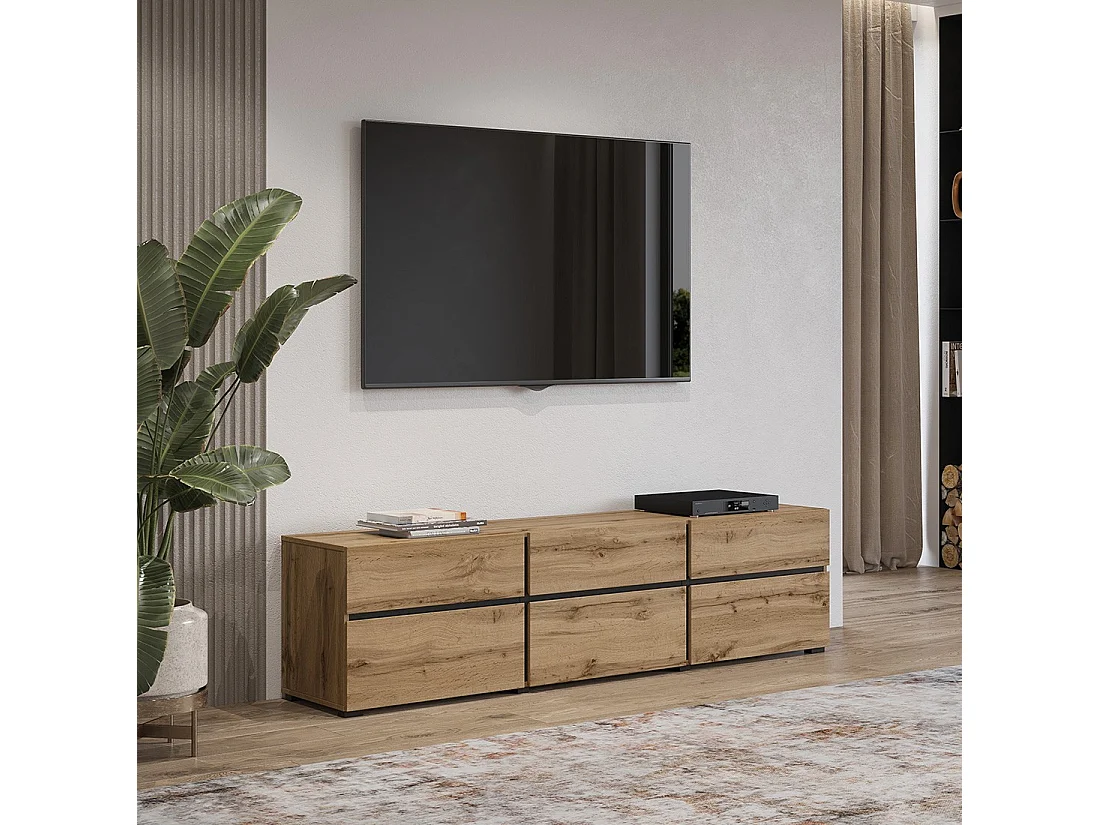 Meuble TV 180cm coloris chêne et noir collection HAVANA. Meuble design avec 3 portes et 3 tiroirs.