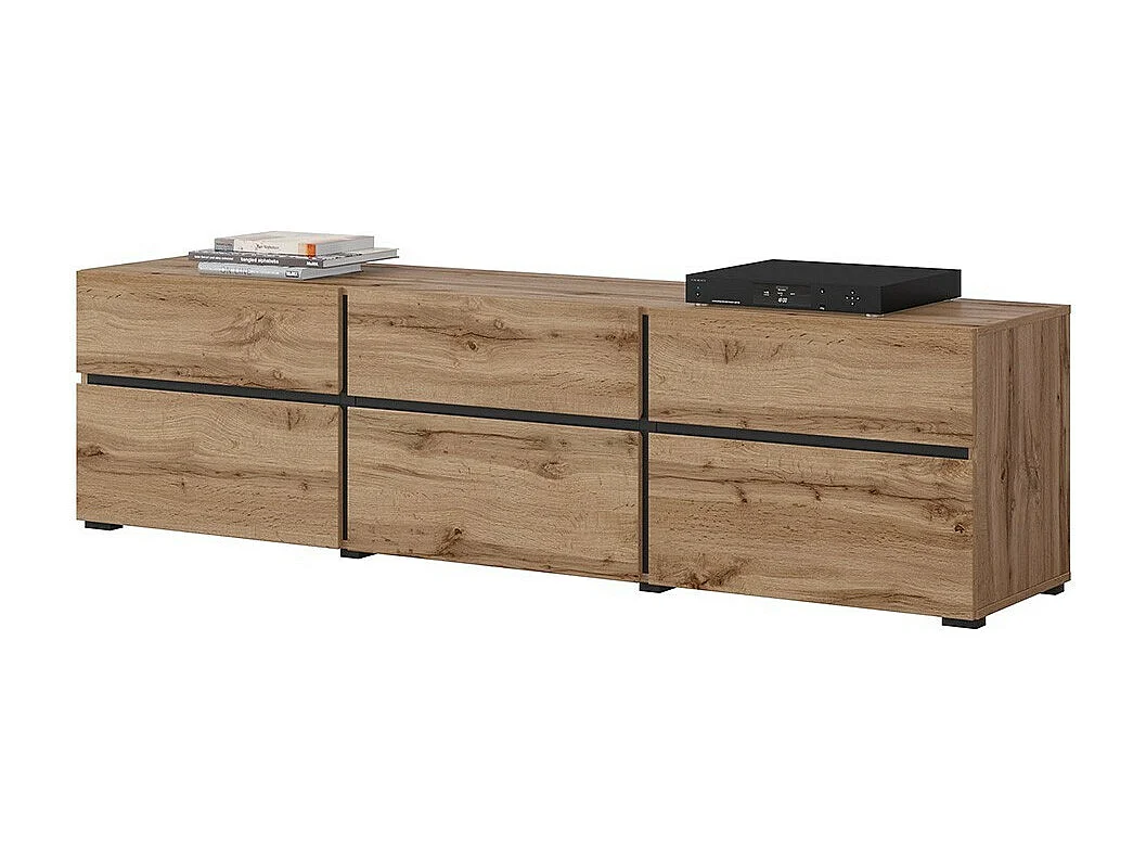 Meuble TV 180cm coloris chêne et noir collection HAVANA. Meuble design avec 3 portes et 3 tiroirs.