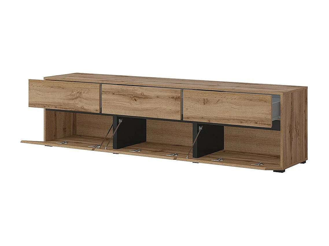 Meuble TV 180cm coloris chêne et noir collection HAVANA. Meuble design avec 3 portes et 3 tiroirs.