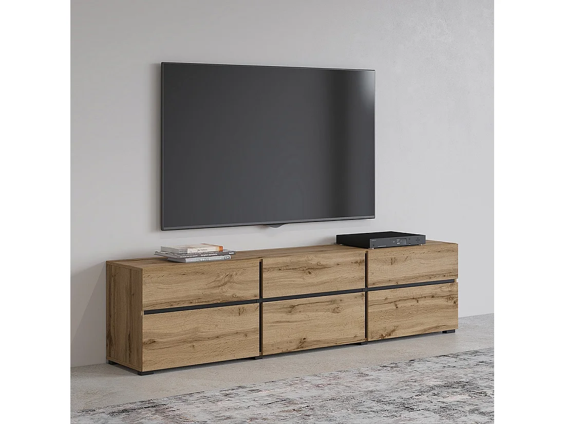 Meuble TV 180cm coloris chêne et noir collection HAVANA. Meuble design avec 3 portes et 3 tiroirs.