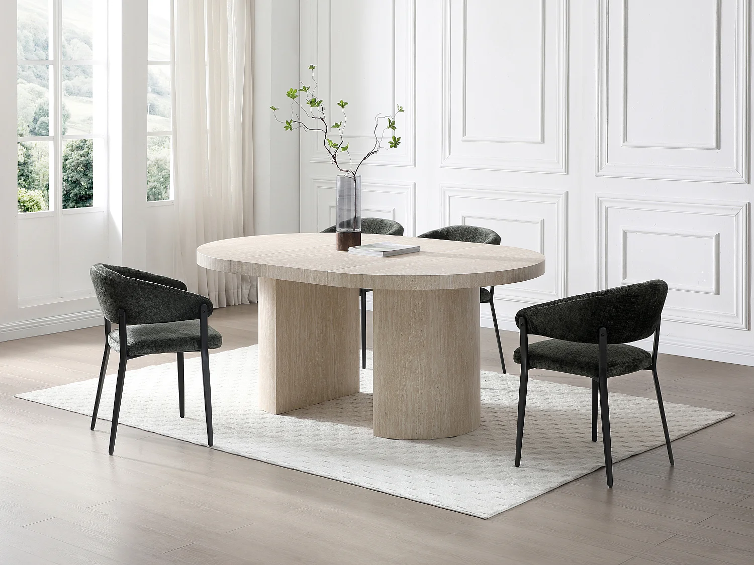 Conjunto de 6 cadeiras com apoio de braços em tecido e metal preto, cor verde - AVRELA