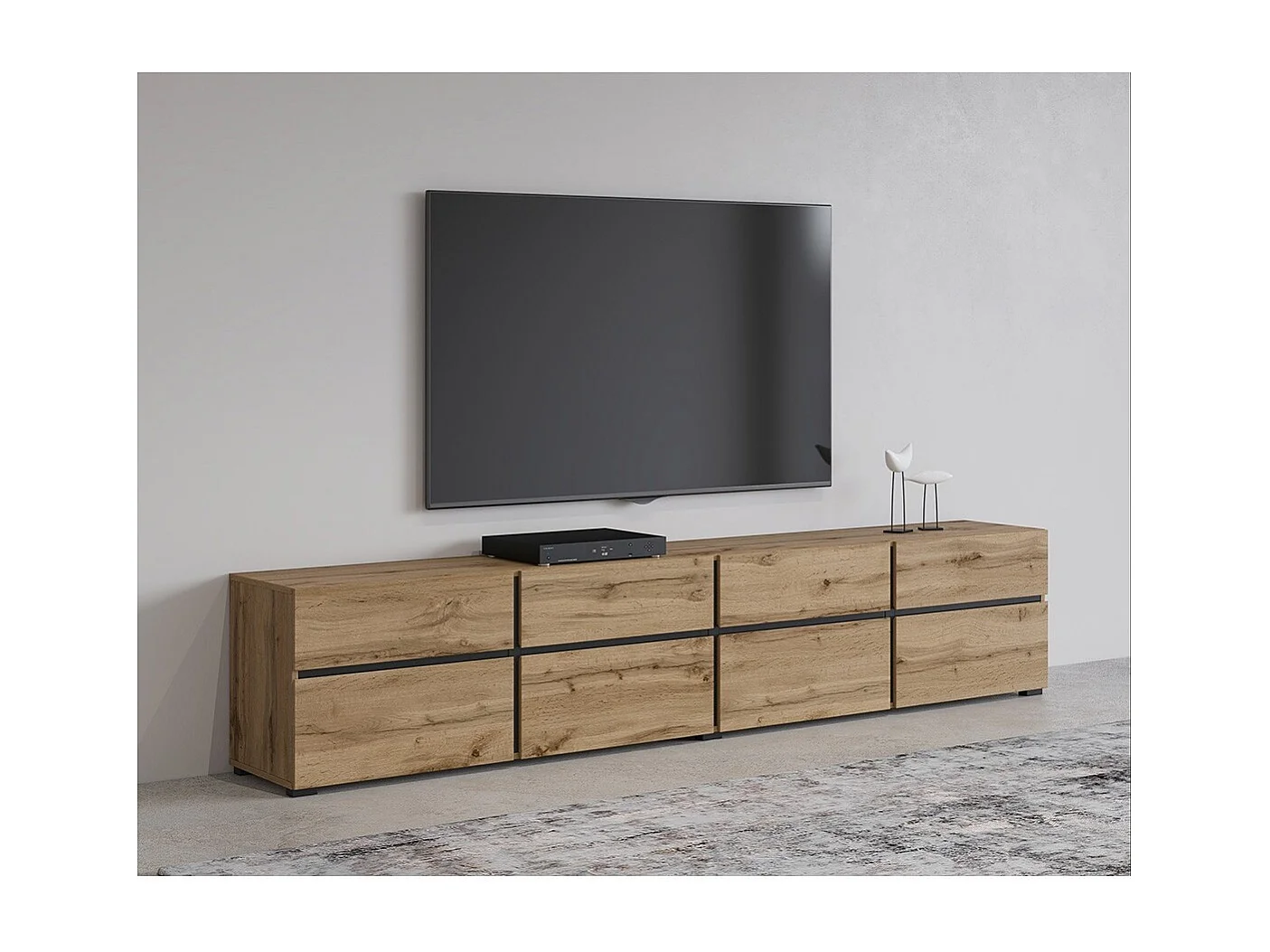 Meuble TV XL coloris chêne et noir 225cm collection HAVANA. Meuble design avec 4 portes et 4 tiroirs.