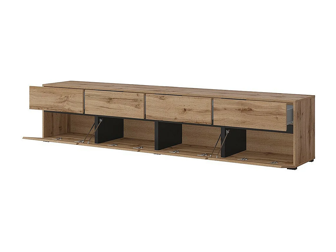Meuble TV XL coloris chêne et noir 225cm collection HAVANA. Meuble design avec 4 portes et 4 tiroirs.