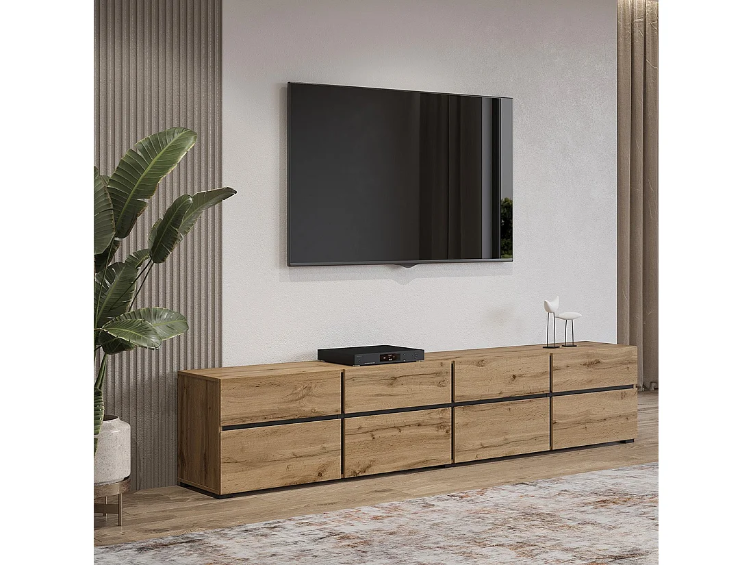 Meuble TV XL coloris chêne et noir 225cm collection HAVANA. Meuble design avec 4 portes et 4 tiroirs.