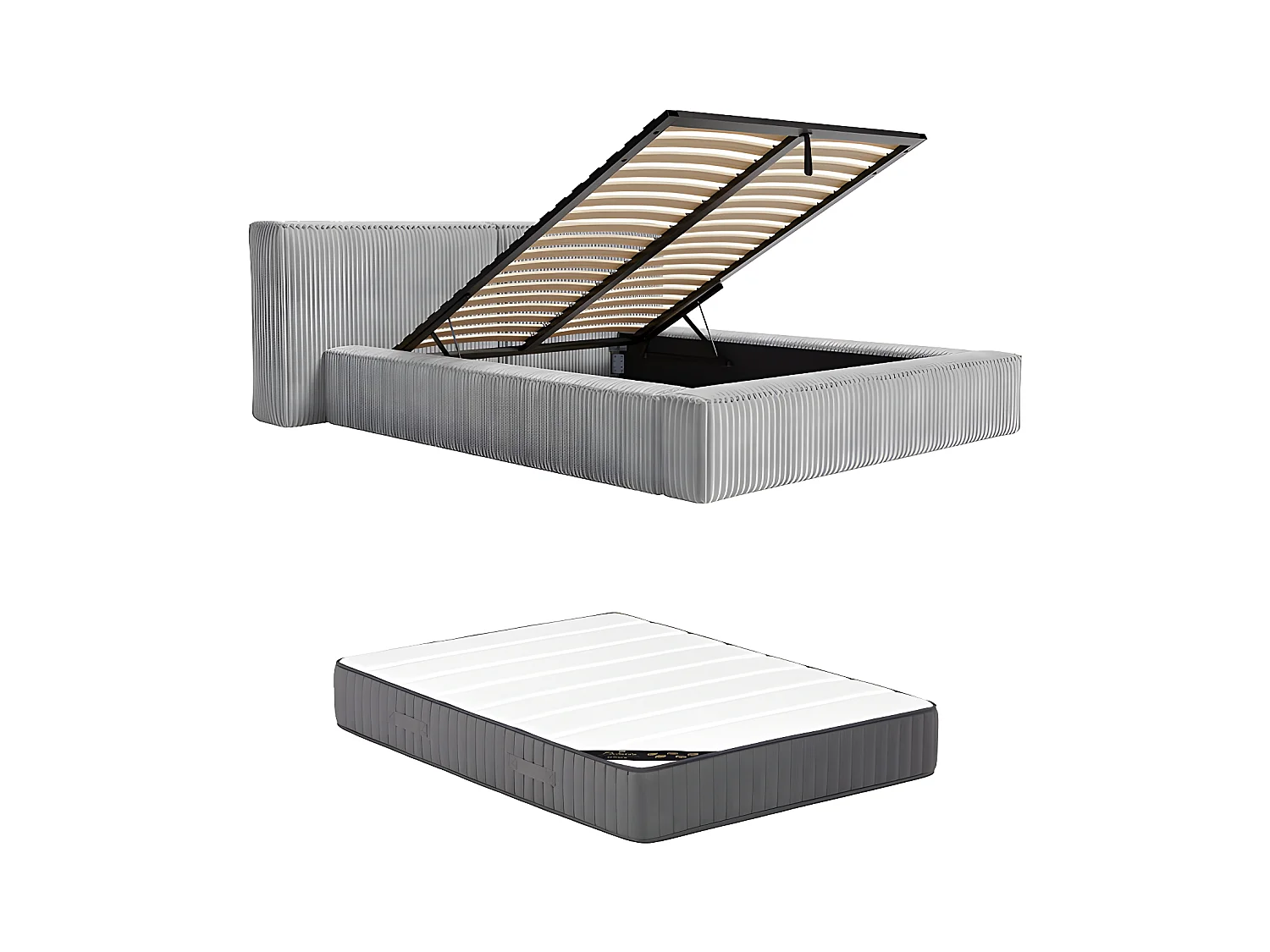 Bed met opbergruimte 140 x 190 cm - Ribfluweel met brede ribbels - Lichtgrijs + matras - TIMANO van Pascal Morabito