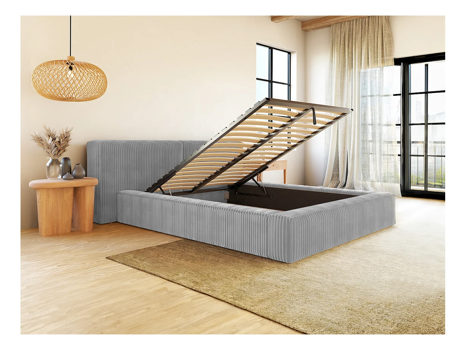 Bed met opbergruimte 140 x 190 cm - Ribfluweel met brede ribbels - Lichtgrijs + matras - TIMANO van Pascal Morabito