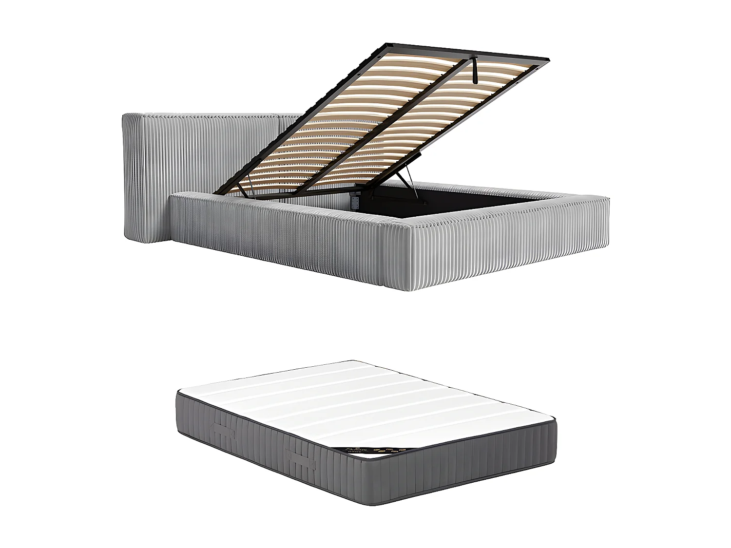 Lit coffre 140 x 190 cm - Velours côtelé grosses côtes - Gris clair + Matelas - TIMANO de Pascal Morabito