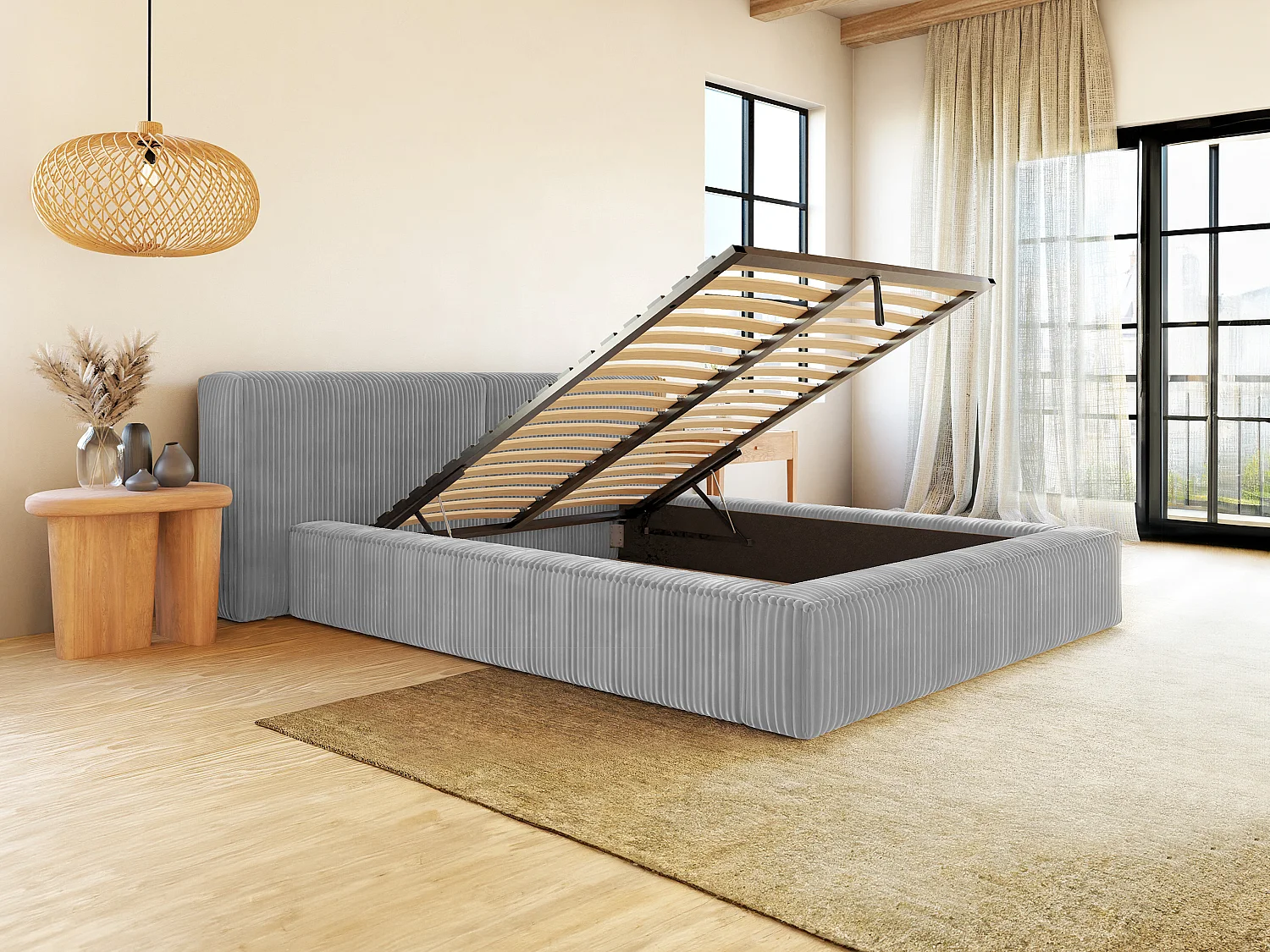 Lit coffre 140 x 190 cm - Velours côtelé grosses côtes - Gris clair + Matelas - TIMANO de Pascal Morabito