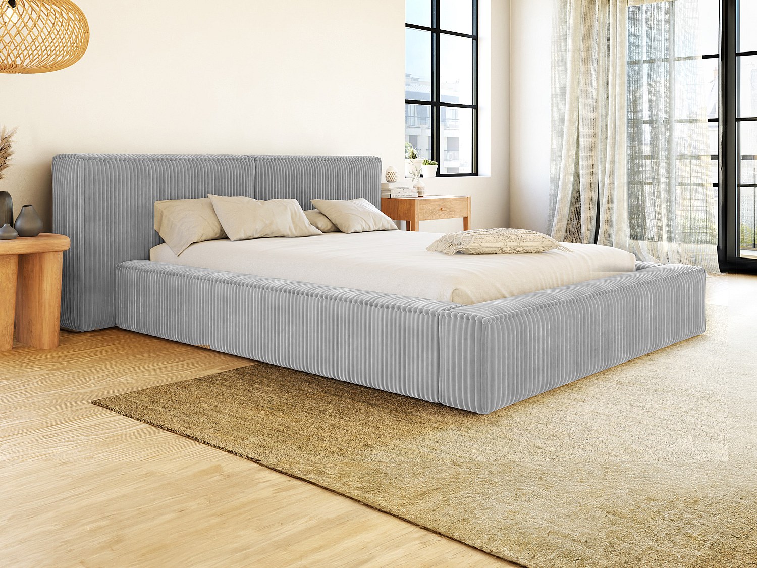 Seng med oppbevaring 160 x 200 cm - Kordfløyel med store riller - Lysegrå + Madrass - TIMANO fra Pascal Morabito