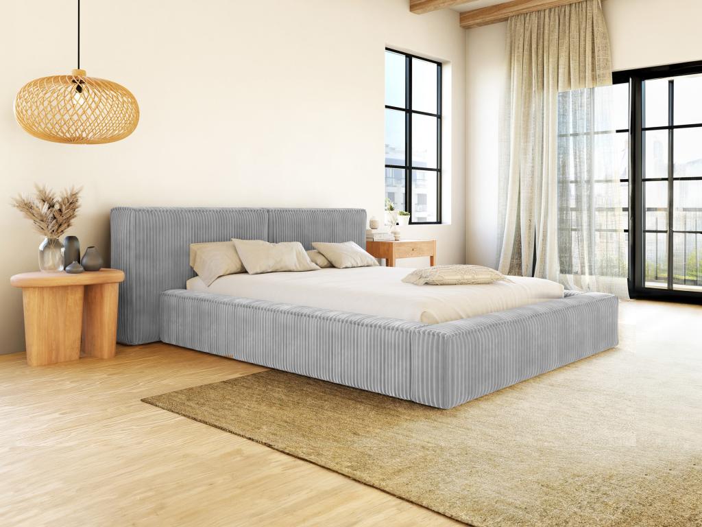 Lit coffre 180 x 200 cm - Velours côtelé grosses côtes - Gris clair + Matelas - TIMANO de Pascal Morabito