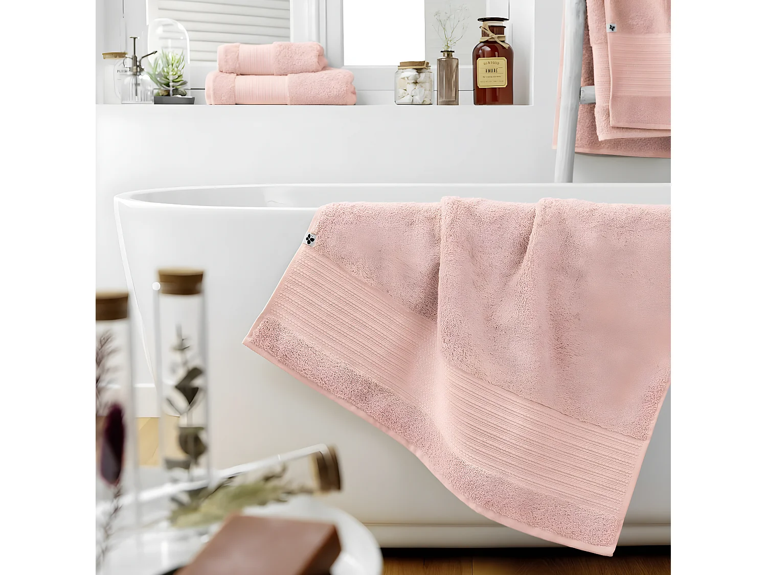 EMMA - Serviette de Douche 70x130cm en Coton Bio Coloris Rose Poudré