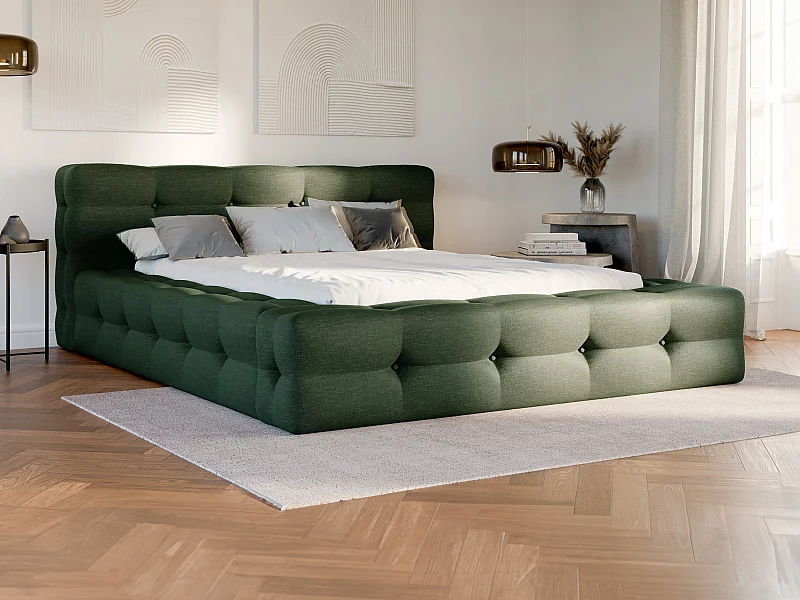 Lit capitonné 160 x 200 cm - Tissu chiné - Vert sapin + Sommier - LERUCO de Pascal Morabito