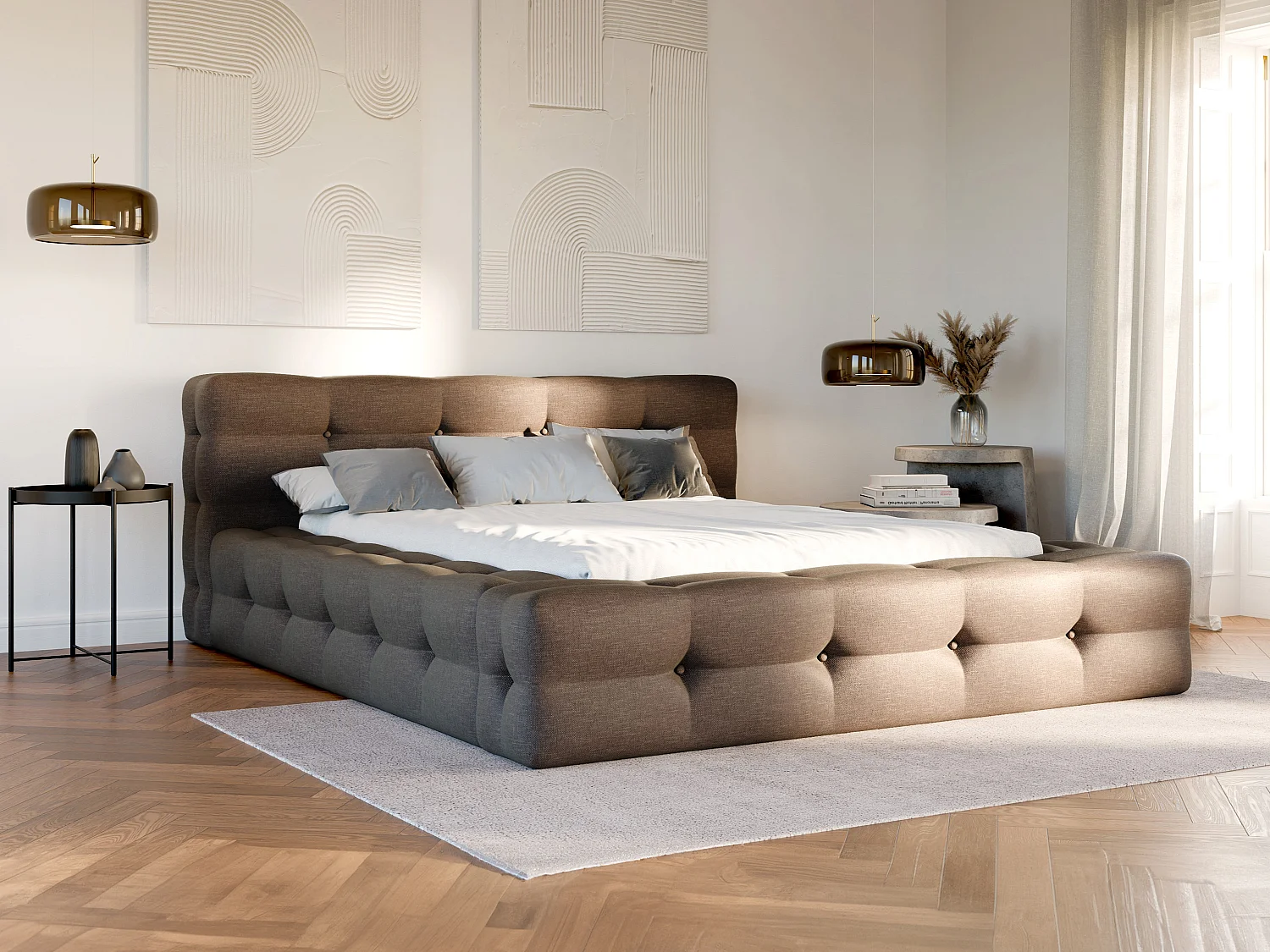 Polsterbett + Lattenrost + Matratze - 140 x 190 cm - Melierter Stoff - Taupe - LERUCO von Pascal Morabito