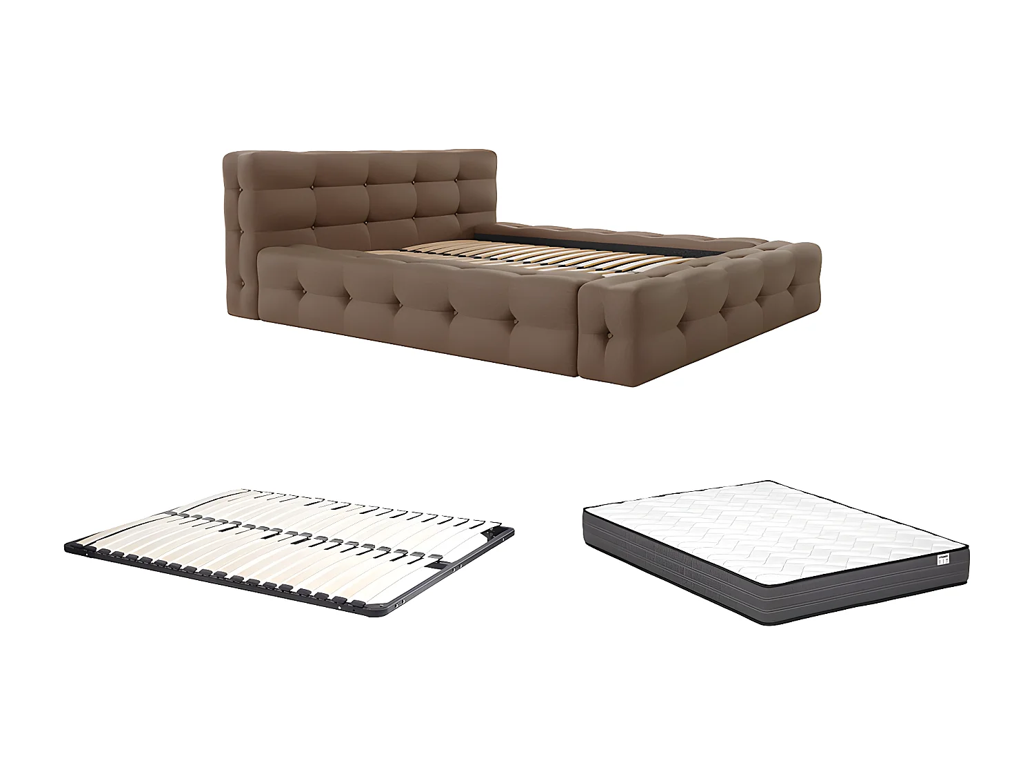 Lit capitonné 140 x 190 cm - Tissu chiné - Taupe + Sommier + Matelas - LERUCO de Pascal Morabito