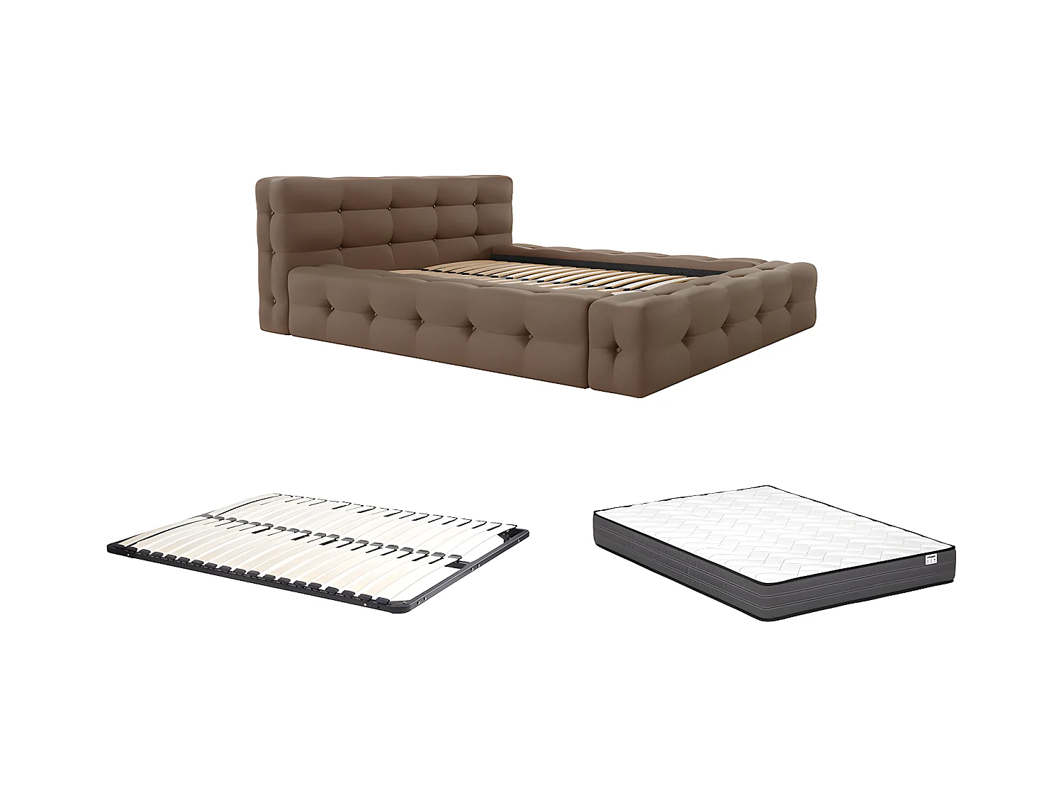 Polsterbett + Lattenrost + Matratze - 140 x 190 cm - Melierter Stoff - Taupe - LERUCO von Pascal Morabito